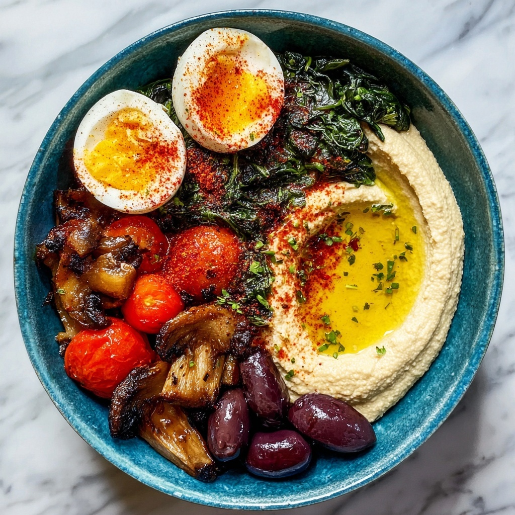 Savory Breakfast Bowls with Mushrooms, Cherry Tomatoes, Spinach, and Hummus Recipe - Recipe Image