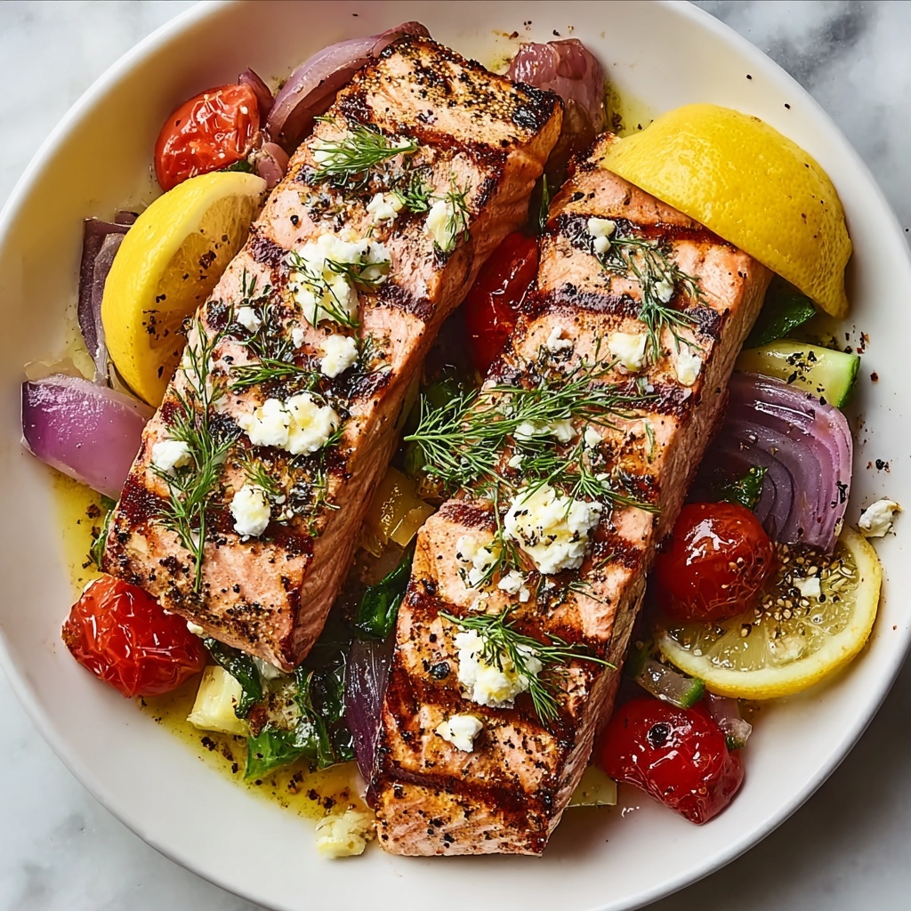 Greek Salmon Bake with Feta and Fresh Veggies Recipe - Recipe Image