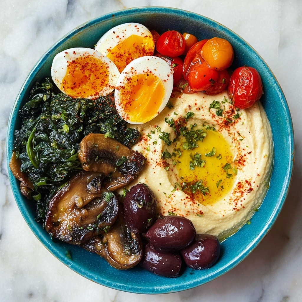 Savory Breakfast Bowls with Mushrooms, Cherry Tomatoes, Spinach, and Hummus Recipe - Recipe Image